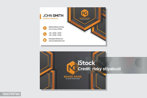 istock mosaic hexagon element for business card design template use combination orange, white and dark grey colors. 1365759760