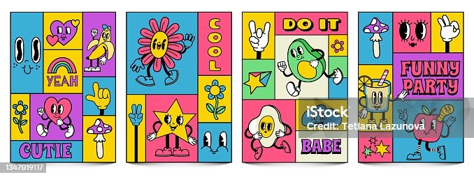 istock Mosaic trendy posters with funny crazy cartoon characters. Complementary doodle covers with retro comic faces and hands in gloves vector set 1347019117