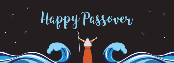 Moses separate sea for passover holiday over nigt background, flat design vector Moses separate sea for passover holiday over nigt background, flat design. vector illustration passover stock illustrations