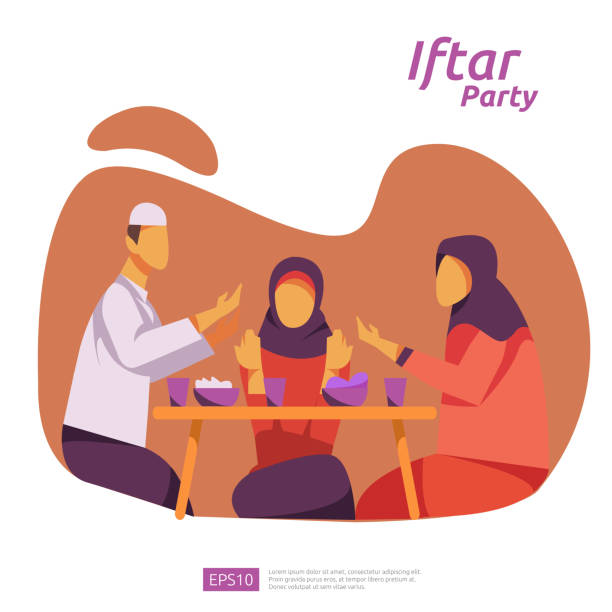 Moslem family dinner on Ramadan Kareem or celebrating Eid with people character. Iftar Eating After Fasting feast party concept. web landing page template, banner, presentation, social or print media vector art illustration