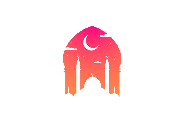 Mosque silhouette at dawn or sunrise sky with moon and abstract light for Islam. Holy festival eid traditional design. Ramadan kareem greeting card with mosques. Vector arabic illusrtation Mosque silhouette at dawn or sunrise sky with moon and abstract light for Islam. Holy festival eid traditional banner design. Ramadan kareem greeting card with mosques. Vector arabic illusrtation mosque stock illustrations