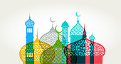 Colourful overlapping silhouettes of Mosques for Ramadan. Ramadan, Ramadan Kareem, Eid-Ul-Fitr, Islam, Fasting - Activity, Allah, Iftar, Muhammad - Prophet, Religion, Arabic Culture, Arabic