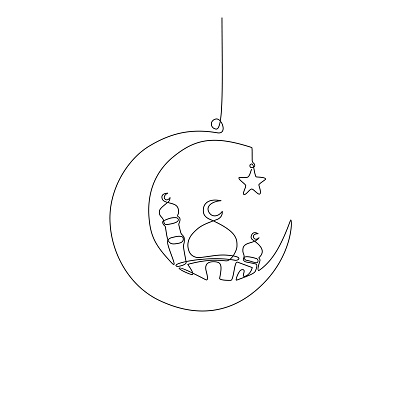 Mosque with moon and stars, continuous line drawing minimalistic design vector. islamic symbols sign.as a template for Ramadan kareem and eid al-fitr. isolated on a white background.