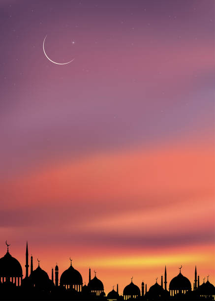 Mosques Dome with twilight dust sky,Vertical Sunset orange sky with crescent moon,A symbolic of religion islamic,Eid Mubarak, Ramadan month, Eid al-Adha background Mosques Dome with twilight dust sky,Vertical Sunset orange sky with crescent moon,A symbolic of religion islamic,Eid Mubarak, Ramadan month, Eid al-Adha background eid al adha stock illustrations
