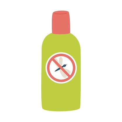 Mosquito repellent. Pocket spray with a mosquito blocked by a forbidding sign. Insecticide for camping, hiking, traveling. Flat vector illustration isolated on a white background.