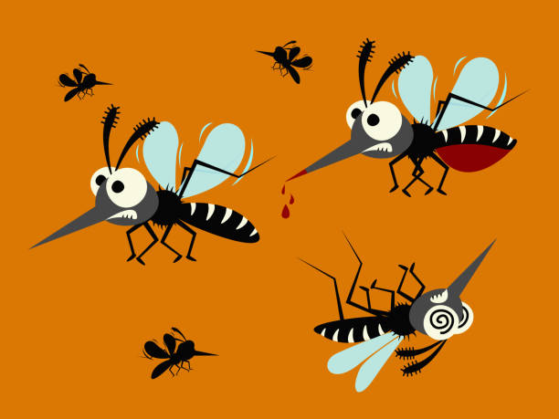 stockillustraties, clipart, cartoons en iconen met mosquito instellen geïsoleerd op oranje achtergrond. - muggen