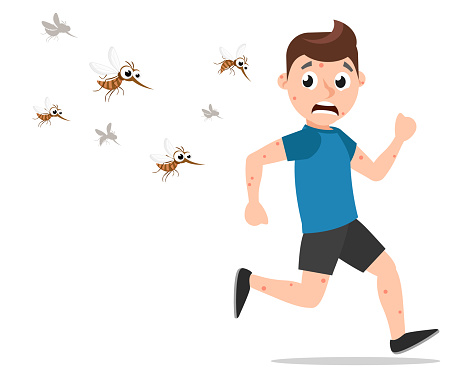 Mosquitoes chasing a bitten guy on a white background. Character