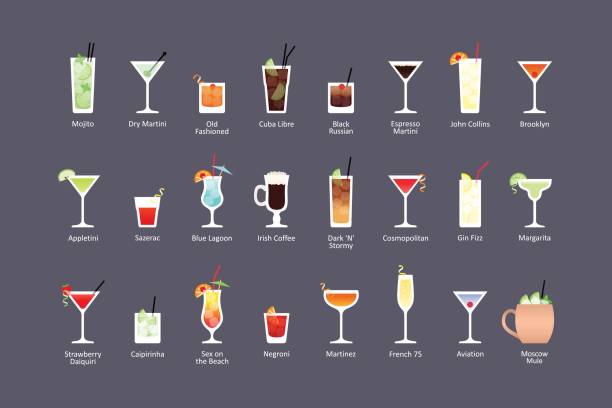 Most popular alcoholic cocktails part 1, icons set in flat style on dark background Most popular alcoholic cocktails part 1, icons set in flat style on dark background. Vector highball glass stock illustrations