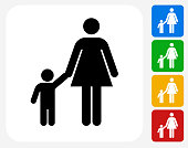 Mother and Boy Family Icon. This 100% royalty free vector illustration features the main icon pictured in black inside a white square. The alternative color options in blue, green, yellow and red are on the right of the icon and are arranged in a vertical column.