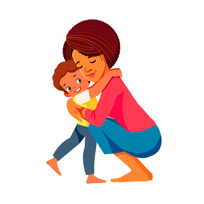 Mother and child. Beautiful African American mom hugging her son with a lot of love and tenderness. Mother's day, holiday concept. Cartoon flat isolated vector design