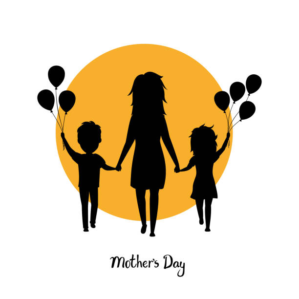 mother and children silhouette, boy and girl walking with balloons together holding hands, happy mothers day isolated vector illustration scene mother and children silhouette, boy and girl walking with balloons together holding hands, happy mothers day isolated vector illustration scene balloon silhouettes stock illustrations
