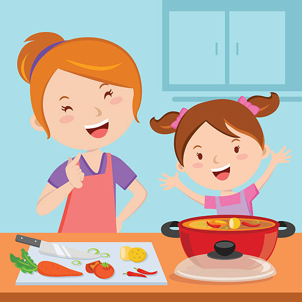 ilustrações de stock, clip art, desenhos animados e ícones de mother and daughter cooking food - woman chopping vegetables