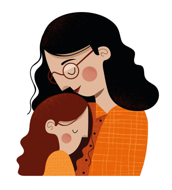 illustrations, cliparts, dessins animés et icônes de mère et fille embrassant - enfant famille calin