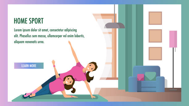 ilustrações de stock, clip art, desenhos animados e ícones de mother and daughter engaged fitness home interior - family modern house window