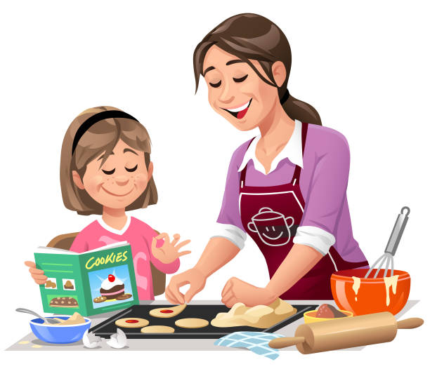 stockillustraties, clipart, cartoons en iconen met moeder en dochter maken van cookies - moeder dochter