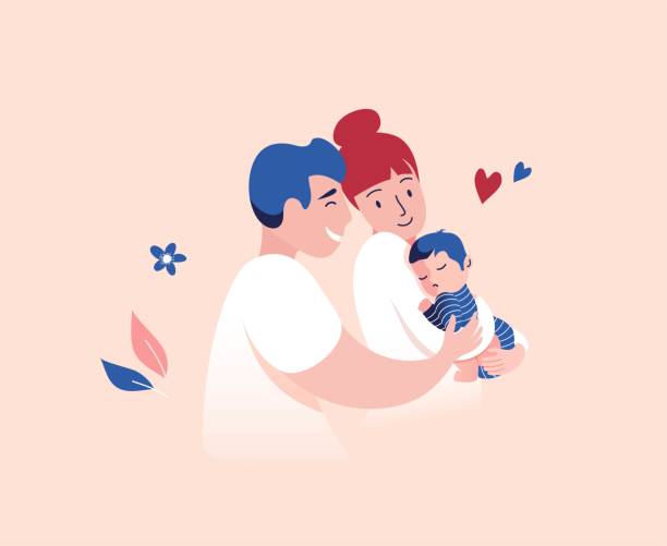 ilustrações de stock, clip art, desenhos animados e ícones de mother and father holding baby son in arms. - foster kids