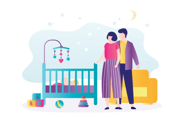 ilustrações de stock, clip art, desenhos animados e ícones de mother and father watching at sleeping baby. infant sleeps in crib. concept of parenting, togetherness and child care. family together - sleeping couple