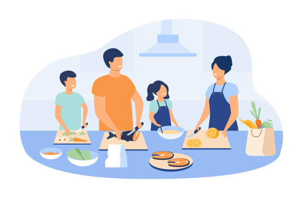 Mother and father with kids cooking dishes at kitchen Mother and father with kids cooking dishes at kitchen isolated flat vector illustration. Cartoon happy family preparing food together. Meal and nutrition concept healthy dinner stock illustrations