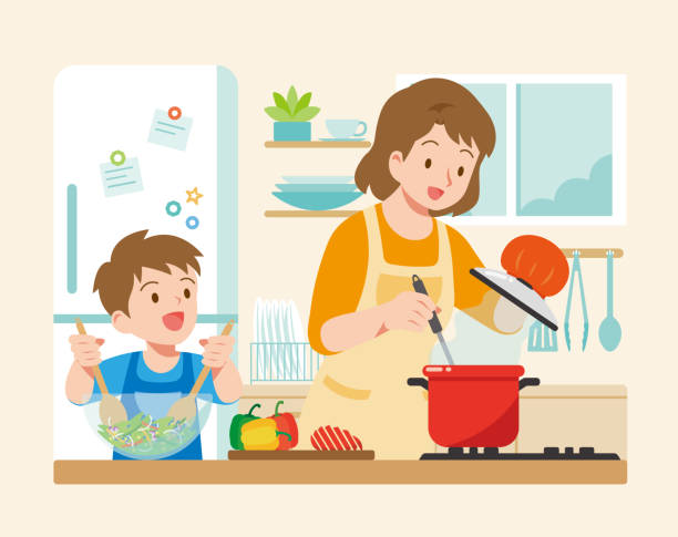 ilustrações de stock, clip art, desenhos animados e ícones de mother and son cooking in the kitchen. - family modern house window