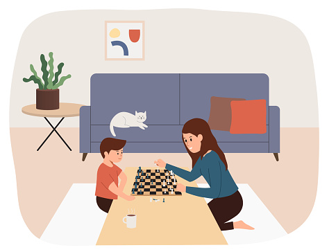 Mother and son playing chess together. family game, weekend, home atmosphere. Flat illustration vector