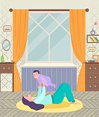 Mother and toddler playing games on carpet in living room. Furniture in room like table and chest. Flower and mirror, fra,e and bookshelf with books. Vector illustration in flat style
