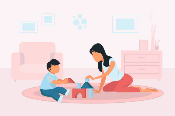 Mother and son playing in living room at home with toys Mother and children playing with toys in the cozy living room at home on carpet. Concept motherhood child rearing. Stay at home and quarantine vector flat style cartoon illustration toddler stock illustrations
