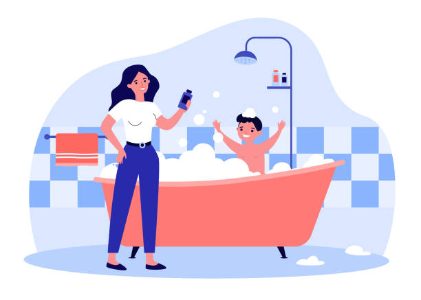 illustrations, cliparts, dessins animés et icônes de mère baignant son fils heureux dans la baignoire - salle de bain