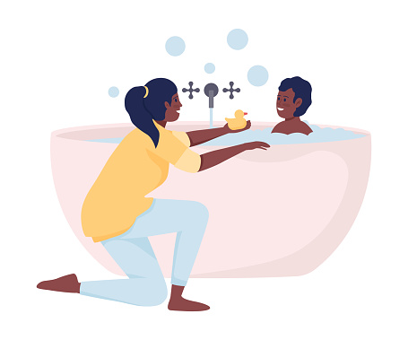 Mother bathing her son semi flat color vector characters