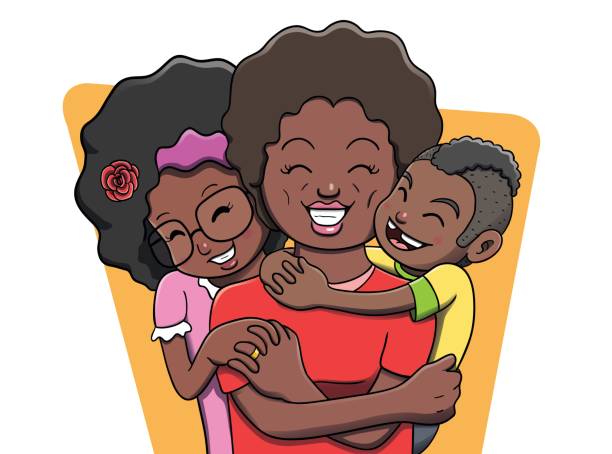 Mother Being Hugged by her Children - Black Family Vector illustration of a mother being hugged by her two children. Vector file contains gradient and transparency effects. Outline and color separated in different layers for easier editing. african american mothers day stock illustrations
