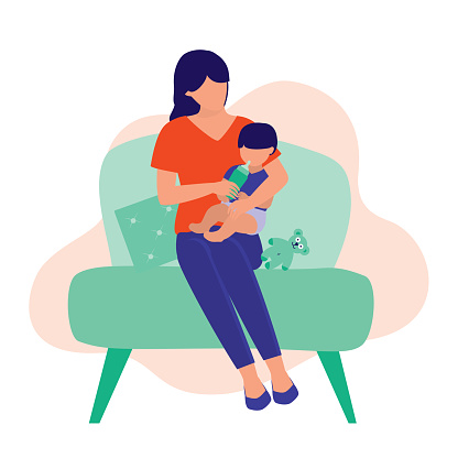 Mother Bottle-Feeding Her Baby. Motherhood Concept. Vector Flat Cartoon Illustration.