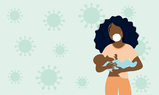 Mother breastfeeding her baby wearing face mask in front of a coronavirus background