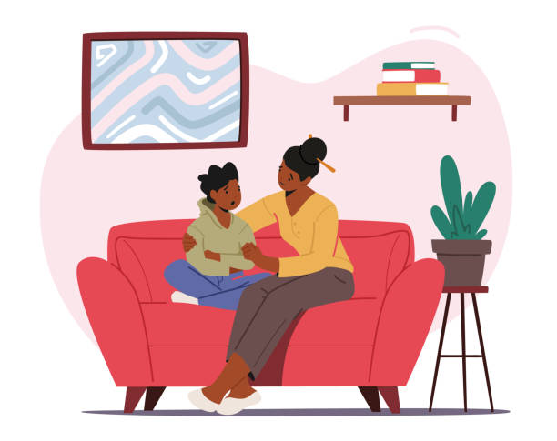 거실에서 소파에 앉아 어머니를 위로하는 아이. 엄마와 아들 문제, 부모의 지원 및 포옹 소년의 이야기 - 안위 일러스트 stock illustrations
