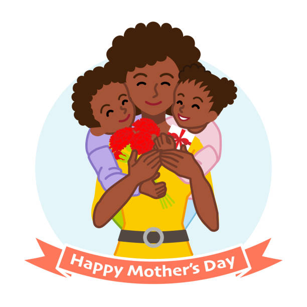Mother embracing two children, African - Mother's day clip art  african american mothers day stock illustrations