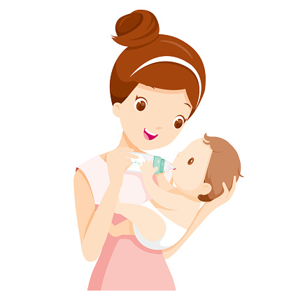 Mother Feeding Baby With Milk In Baby Bottle