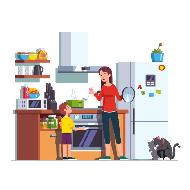 Mother feeding son at home kitchen Mother pouring freshly cooked soup in pot with ladle into bowl that son is holding. Woman feeding kid. Mom and child at home kitchen interior with cooktop, oven, fridge. Flat vector illustration. kitchen clipart stock illustrations