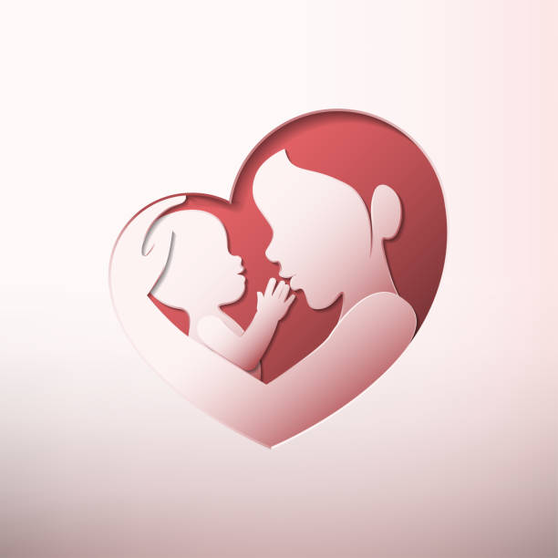 illustrations, cliparts, dessins animés et icônes de mère tenant un bébé dans l’art du papier silhouette en forme de coeur - enfant famille calin