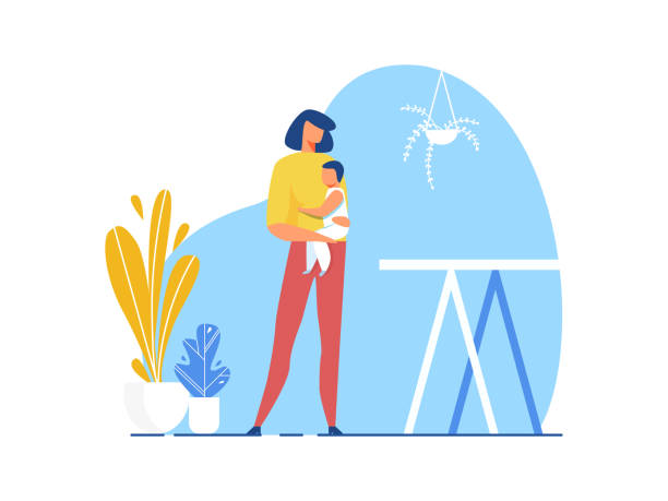 Mother Holding Baby in Hand Cutout Illustration Young Mother Holding Baby in Hand Cutout Illustration. Vector Care Room Interior. Flat Cartoon Motherhood and Love. Kids Health Protection. Pediatric Department and Child Healthcare Service immune system illustrations stock illustrations