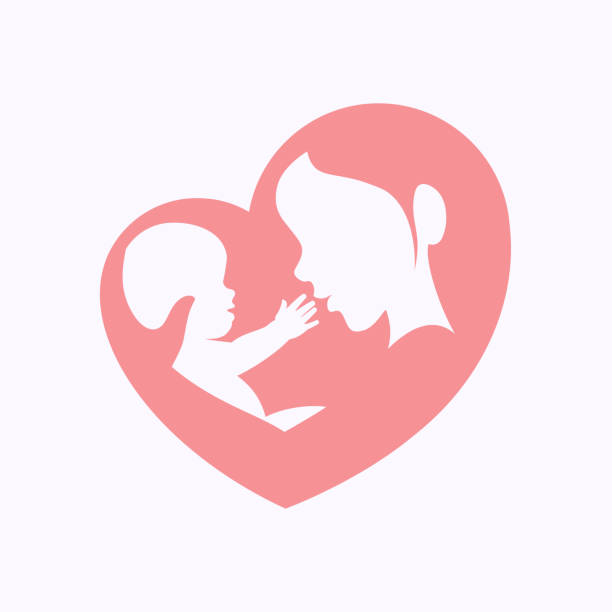 Mother holding little baby in heart shaped silhouette Mother holding little baby sitting in her arm in heart shaped silhouette, logo, icon design for happy mother's day celebration mother icons stock illustrations