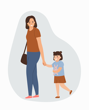 Mother holds her daughter hand. Isolated vector cartoon flat style illustration