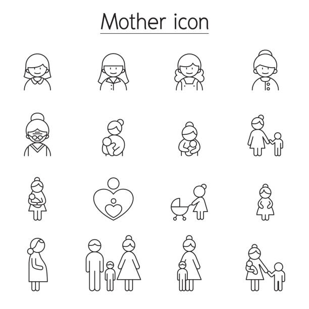 illustrazioni stock, clip art, cartoni animati e icone di tendenza di icona madre impostata in stile linea sottile - allattamento