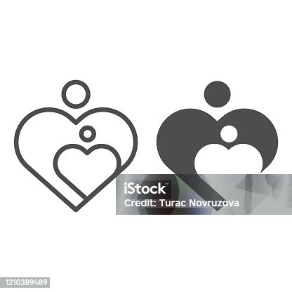 istock Mother love and child line and solid icon. Woman care in heart shape symbol, outline style pictogram on white background. Relationship sign for mobile concept and web design. Vector graphics. 1210389489