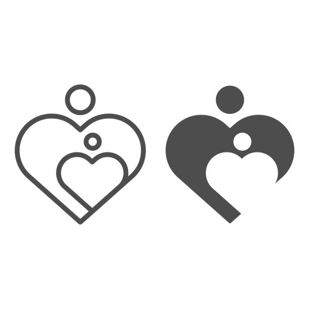 Mother love and child line and solid icon. Woman care in heart shape symbol, outline style pictogram on white background. Relationship sign for mobile concept and web design. Vector graphics. Mother love and child line and solid icon. Woman care in heart shape symbol, outline style pictogram on white background. Relationship sign for mobile concept and web design. Vector graphics mother symbols stock illustrations