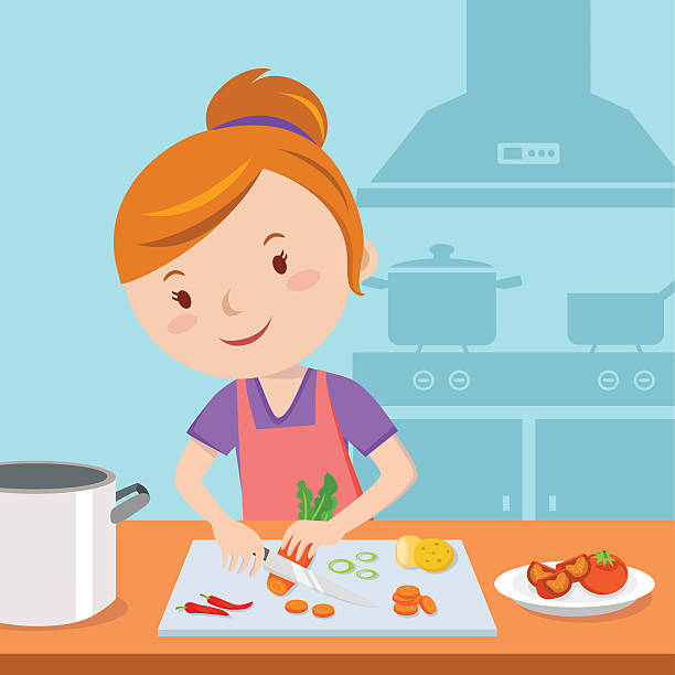 ilustrações de stock, clip art, desenhos animados e ícones de mother preparing meal - woman chopping vegetables