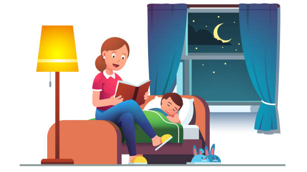 Mother reading bedtime story book to son kid Mother reading bedtime story book to son kid lying in bed at window with night stars view and moon. Mom preparing child for sleep. Parent telling fairytale. Flat vector isolated illustration family clipart stock illustrations