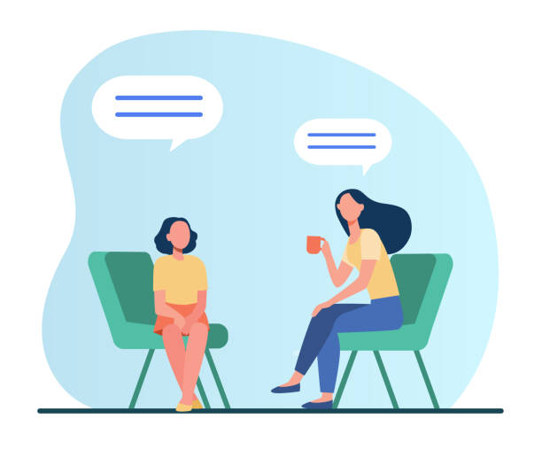 Mother sitting on chair and talking with daughter Mother sitting on chair and talking with daughter. Cup, speech bubble, conversation flat vector illustration. Family and relationship concept for banner, website design or landing web page quotes about family love stock illustrations