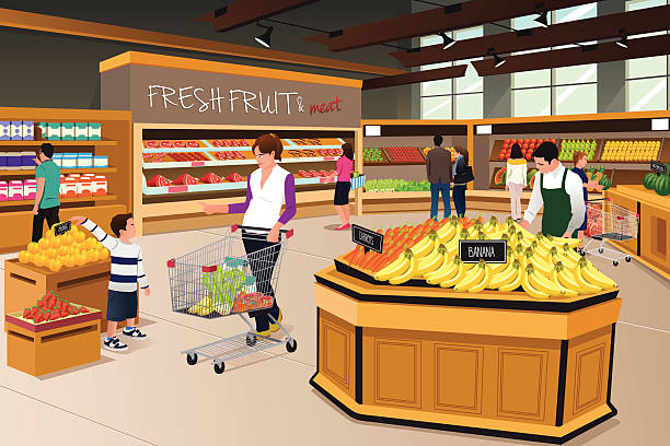 Mother Son Shopping in a Grocery Store A vector illustration of mother and her son shopping in a grocery store supermarket clipart stock illustrations
