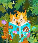 istock Mother Squirrel Reading Book for Baby in Woods 1291441884