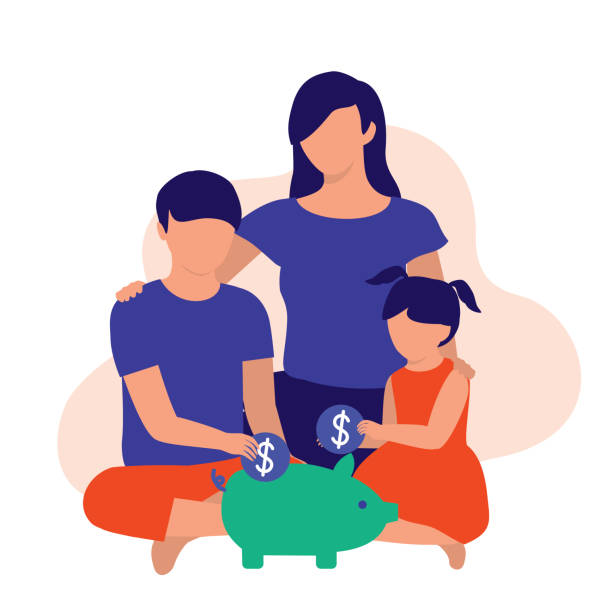 Mother Teaching Her Children Saving Money. Family Finance Concept. Vector Illustration Flat Cartoon. Boy And Girl Putting Money Into The Coin Bank. latin family stock illustrations