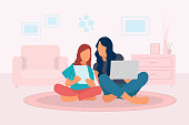 Mother and daughter with a laptop and digital tablet in hand sitting on the floor at home in the living room. The mother teaches her daughter the concept. Flat design vector illustration