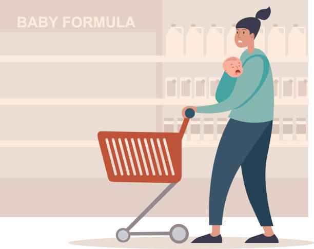 mother with hungry crying little baby in the supermarket looking at the empty shelves with baby formula.   baby formula shortage concept. - baby formula stock illustrations